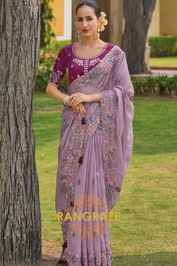 Lavender Whisper: Hand-Embroidered Pure Organza Saree with Cut Work