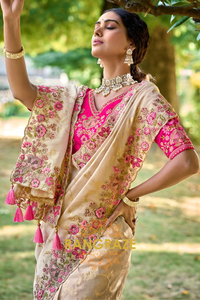 Ivory Grace: Embroidered Designer Silk Saree with Pink Silk Blouse and Cut Work