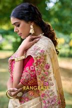Ivory Grace: Embroidered Designer Silk Saree with Pink Silk Blouse and Cut Work