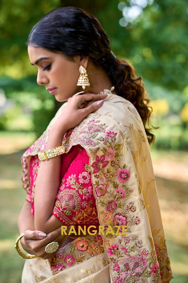 Ivory Grace: Embroidered Designer Silk Saree with Pink Silk Blouse and Cut Work