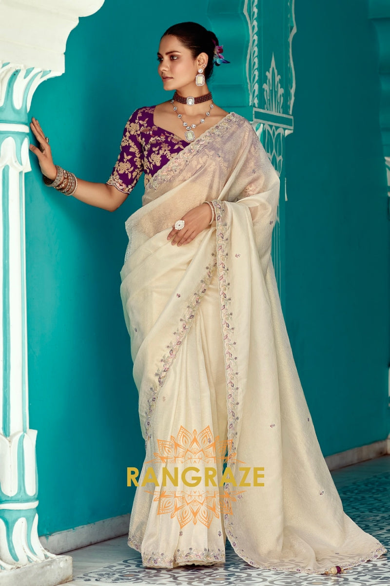 Ivory Grace: Embroidered Organza Elegance Saree