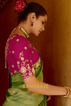 Mehendi Majesty: Handcrafted Crush Organza Saree