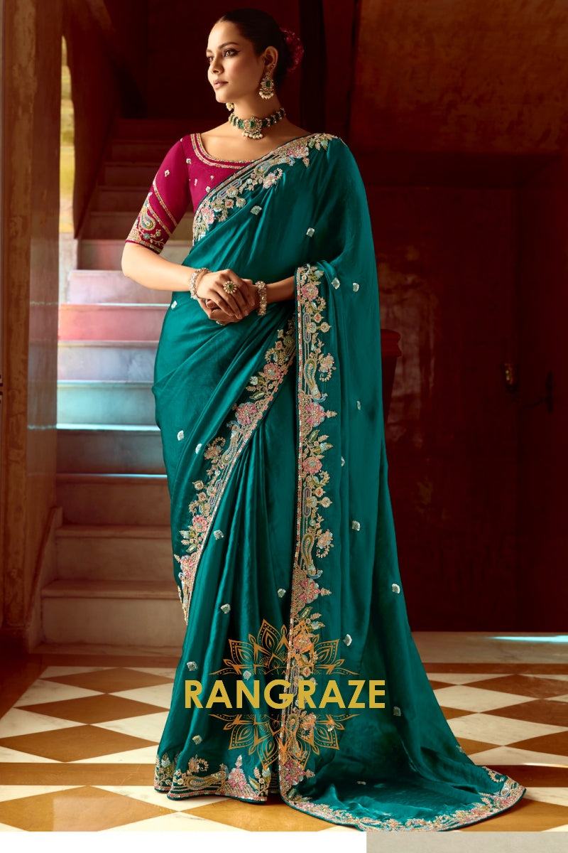 Emerald Majesty: Handcrafted Crush Silk Saree