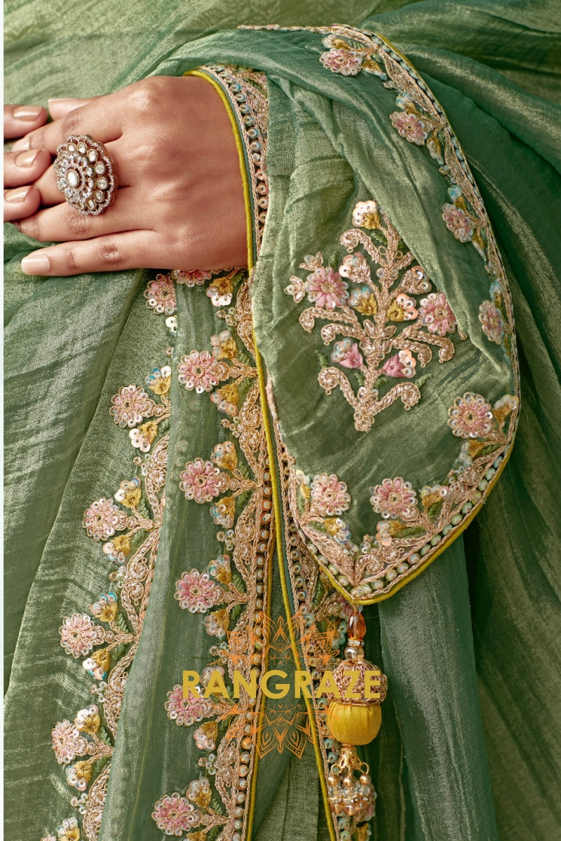 Pastel Green Charm: Designer Embroidered Crush Organza Saree