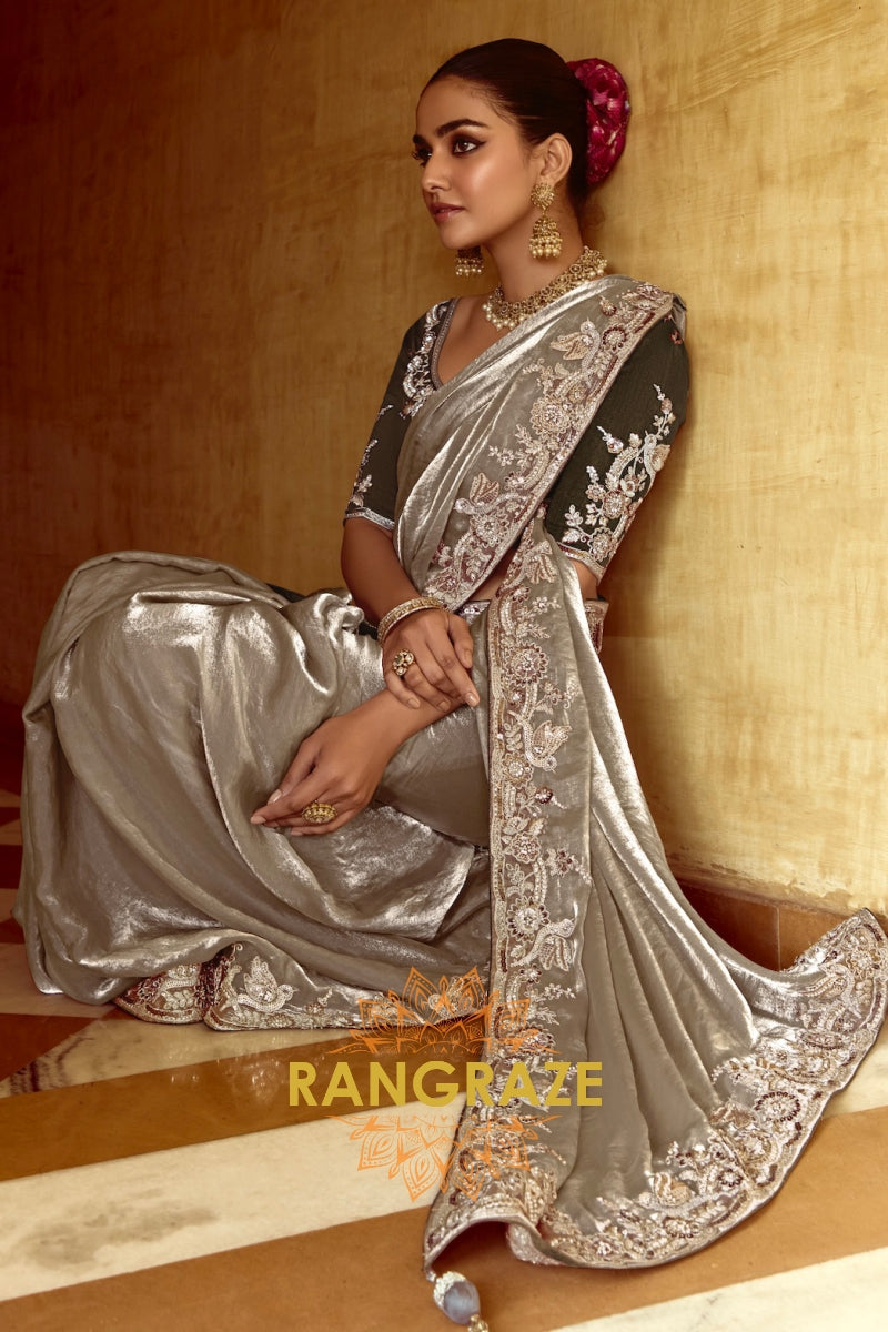 Moonlit Elegance: Handcrafted Crush Satin Saree