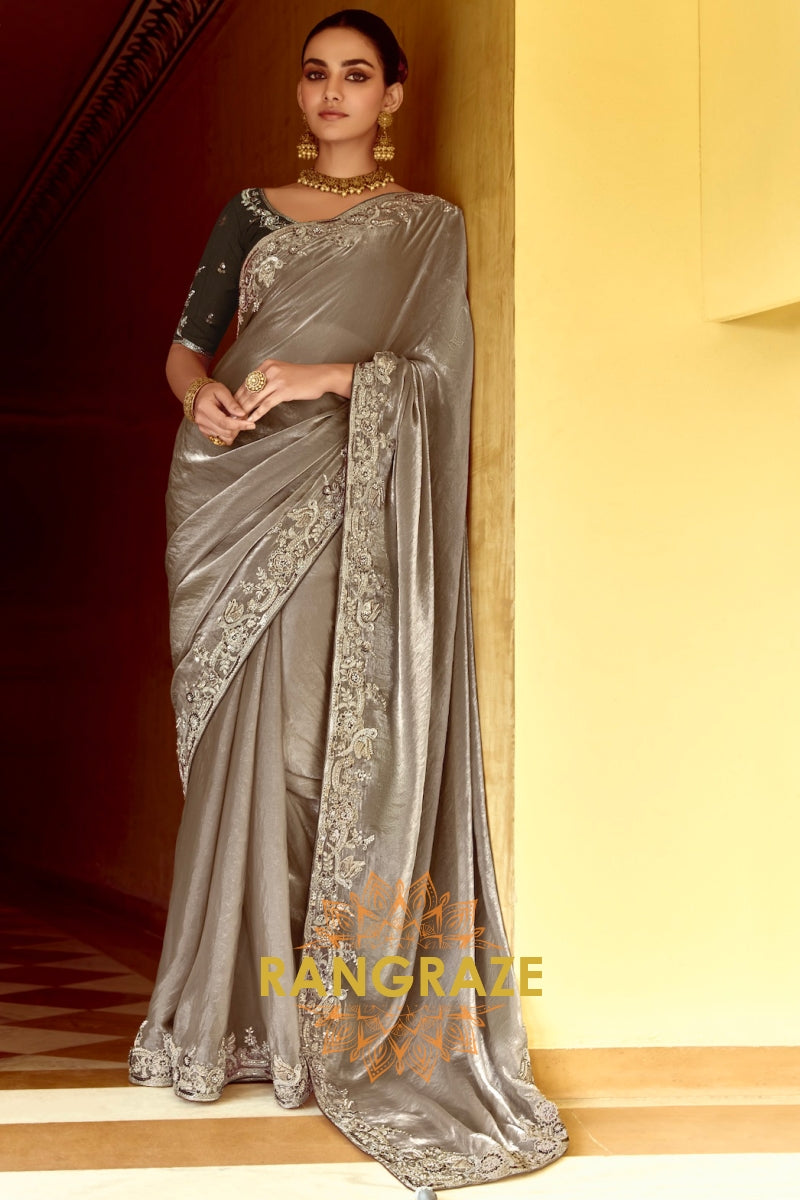 Moonlit Elegance: Handcrafted Crush Satin Saree