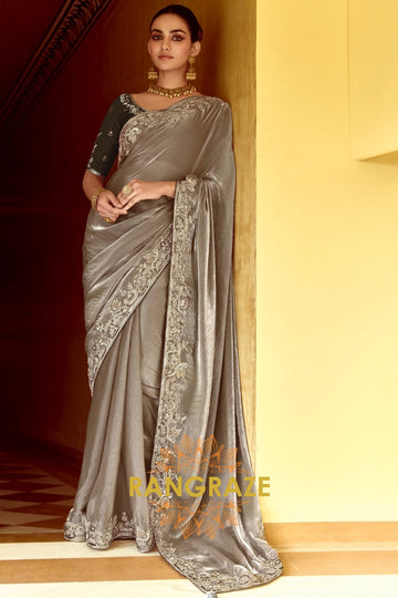 Moonlit Elegance: Handcrafted Crush Satin Saree