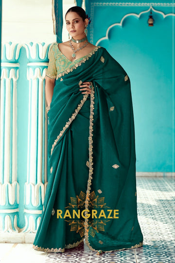 Emerald Grace: Embroidered Crush Organza Saree