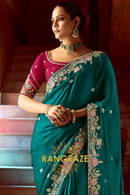 Emerald Majesty: Handcrafted Crush Silk Saree