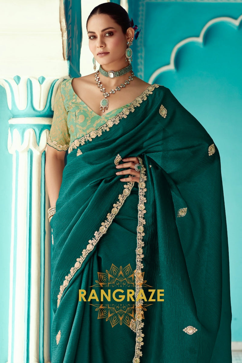Emerald Grace: Embroidered Crush Organza Saree
