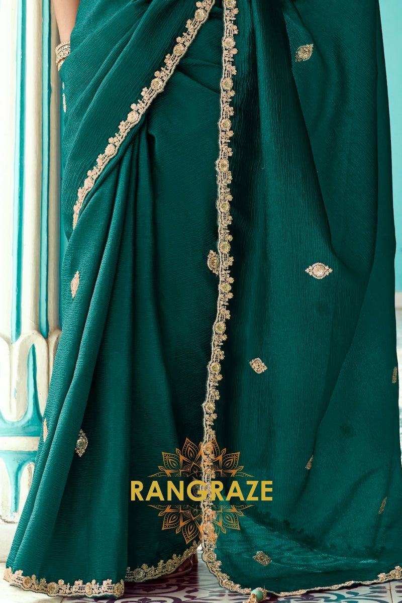 Emerald Grace: Embroidered Crush Organza Saree