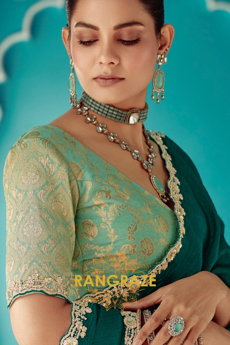 Emerald Grace: Embroidered Crush Organza Saree