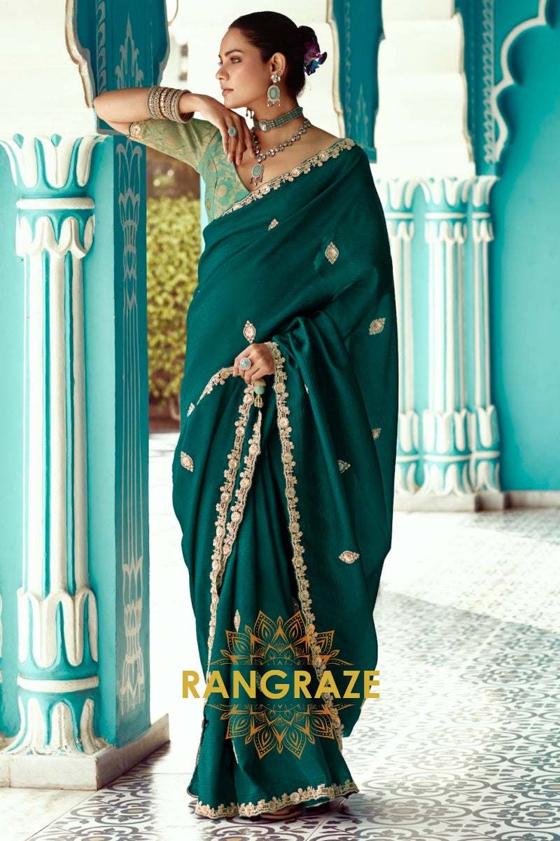Emerald Grace: Embroidered Crush Organza Saree