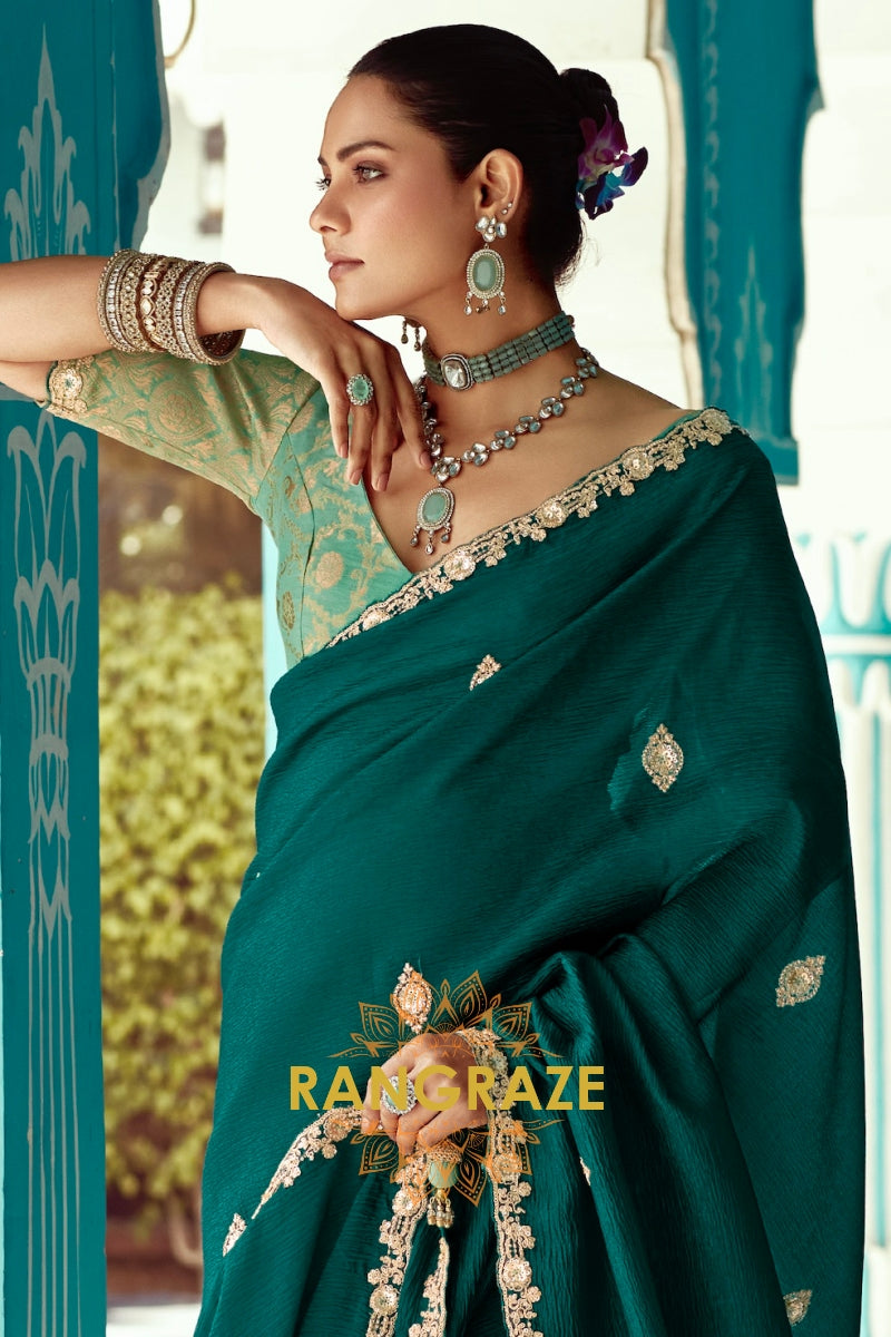 Emerald Grace: Embroidered Crush Organza Saree