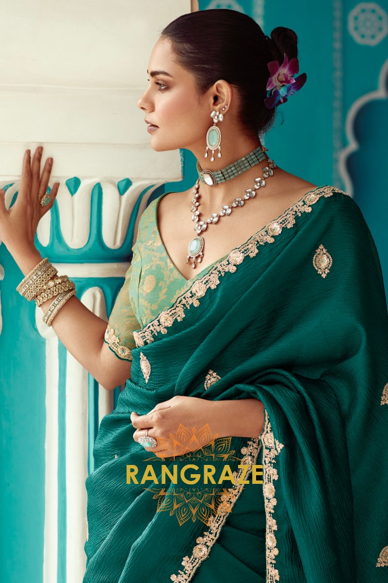 Emerald Grace: Embroidered Crush Organza Saree