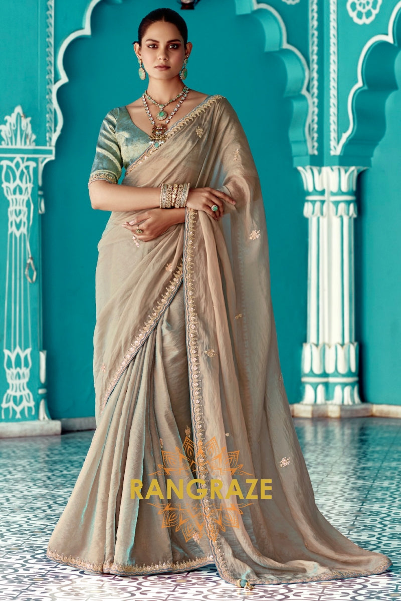 Moonlit Taupe: Embroidered Organza Elegance Saree