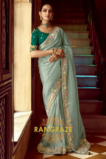 Mystic Mint: Embroidered Organza Silk Saree