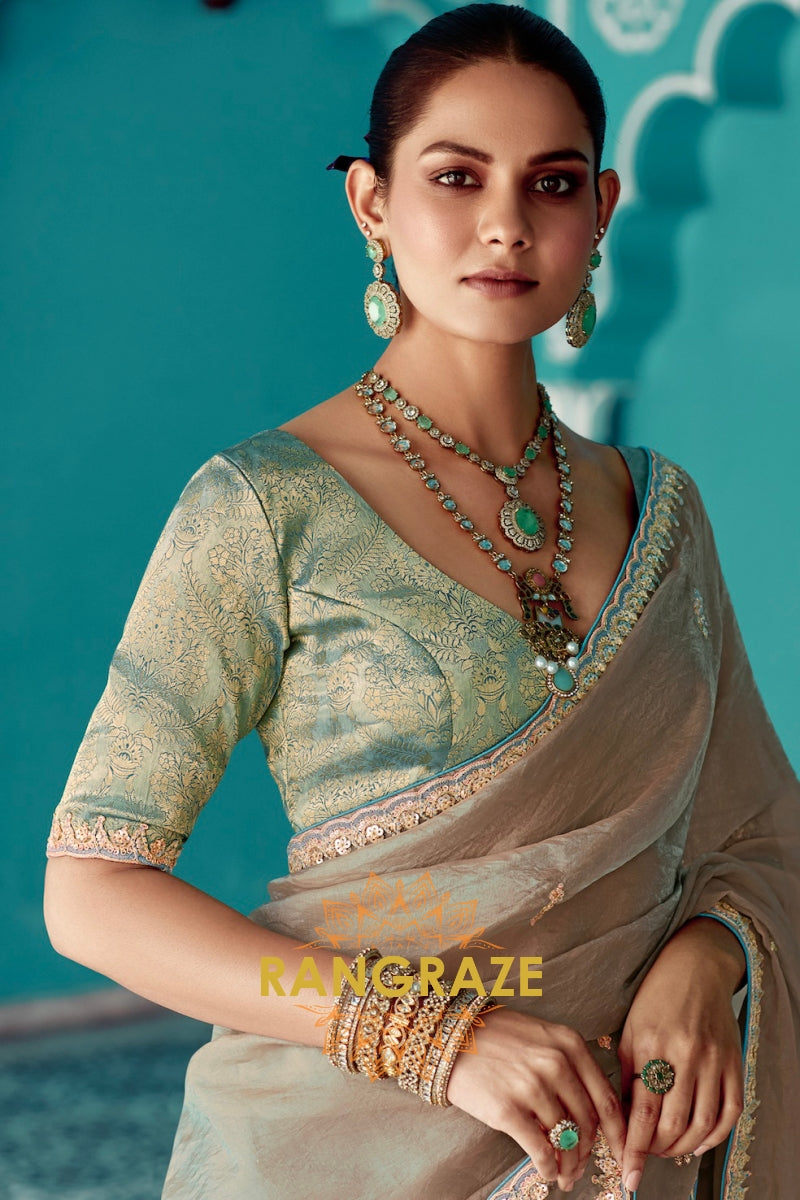 Moonlit Taupe: Embroidered Organza Elegance Saree