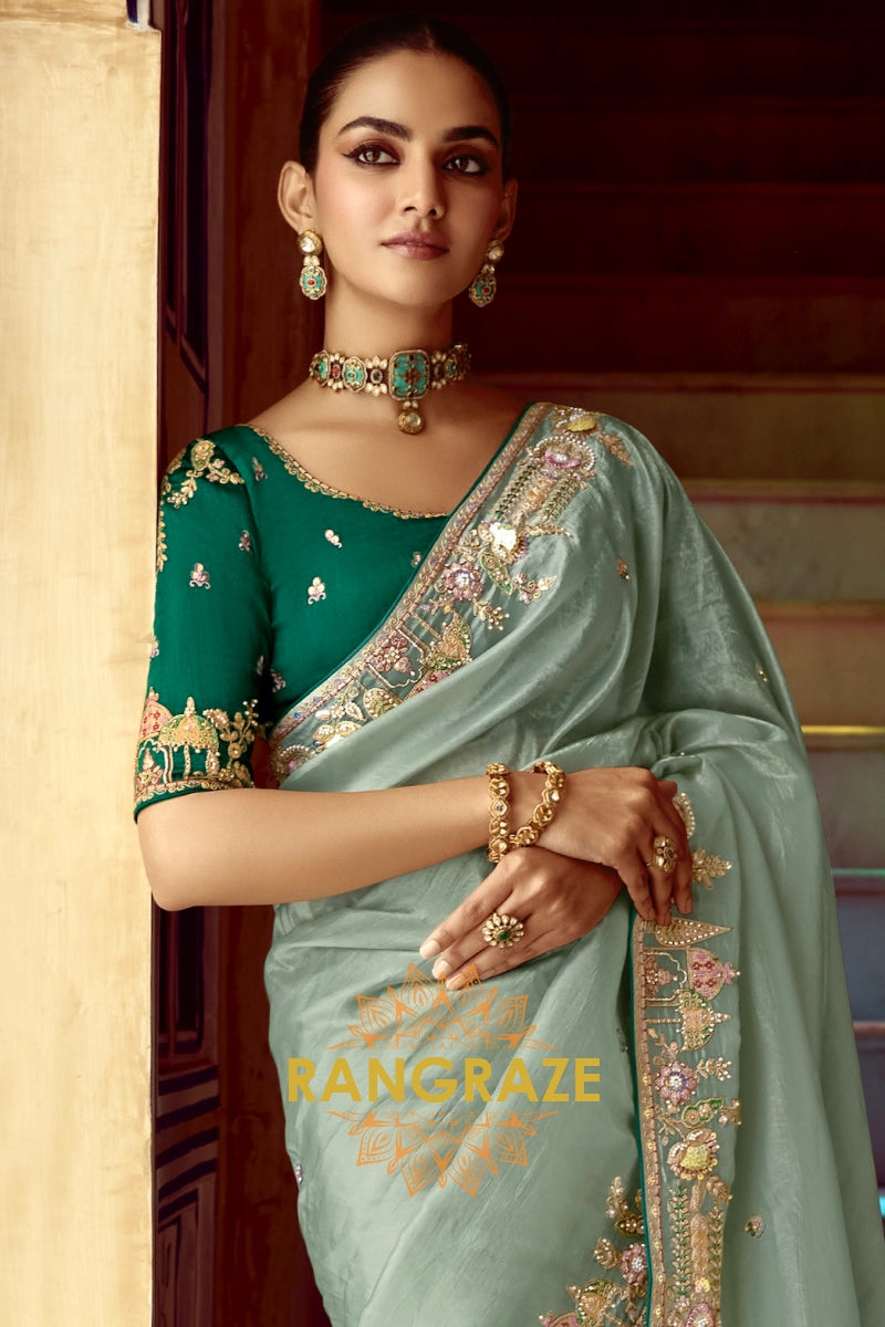 Mystic Mint: Embroidered Organza Silk Saree