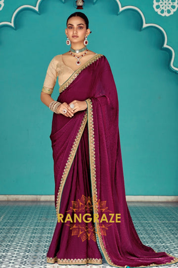 Majestic Wine: Embroidered Crush Satin Silk Saree