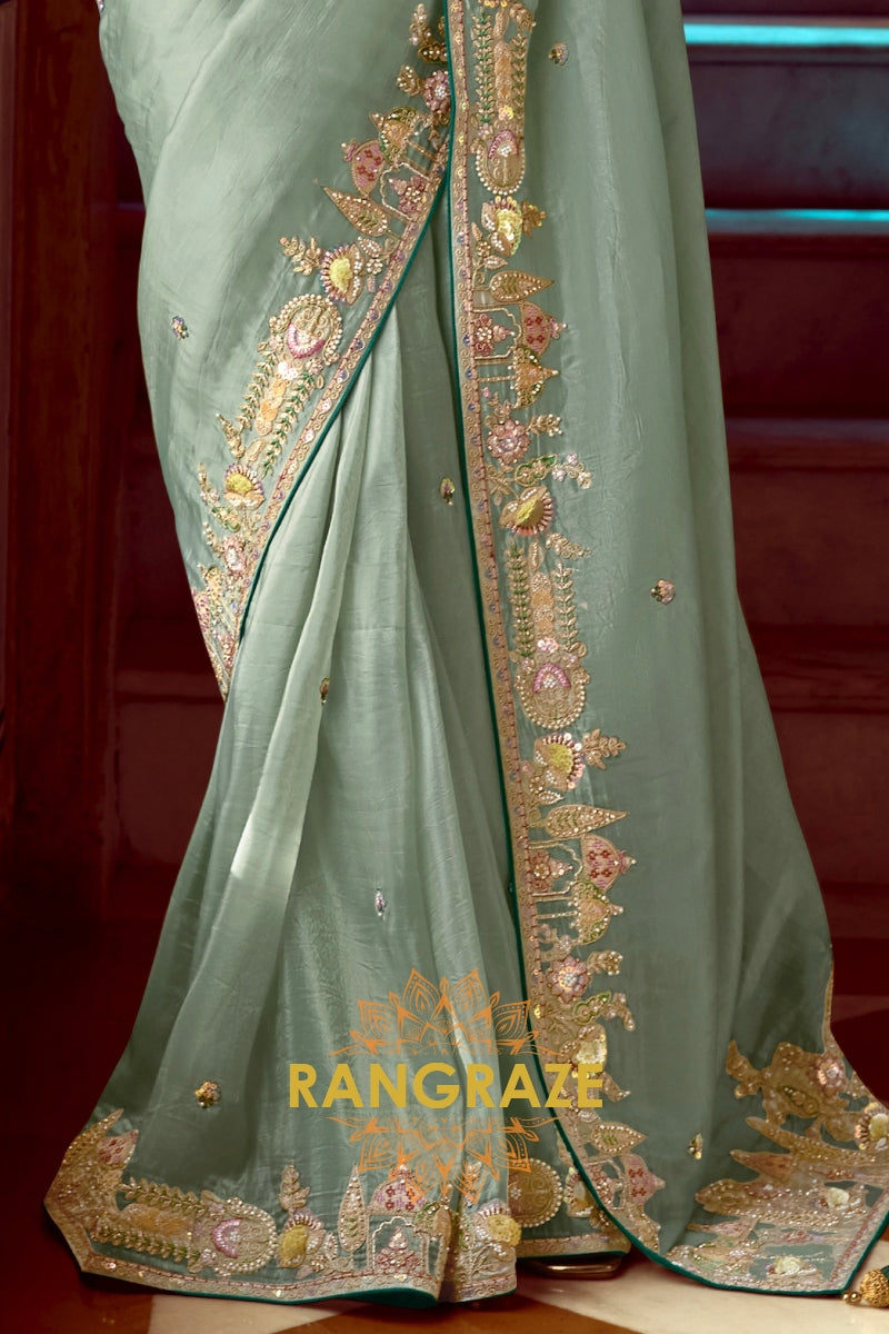 Mystic Mint: Embroidered Organza Silk Saree