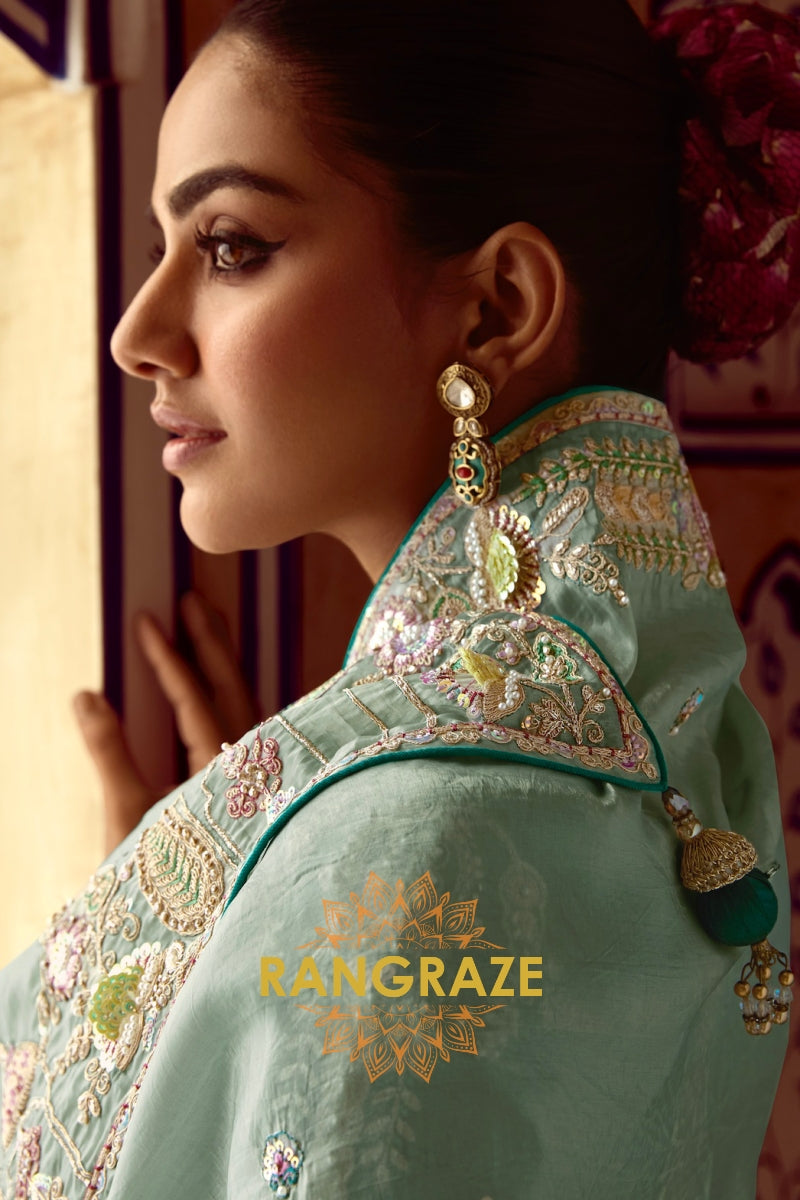 Mystic Mint: Embroidered Organza Silk Saree