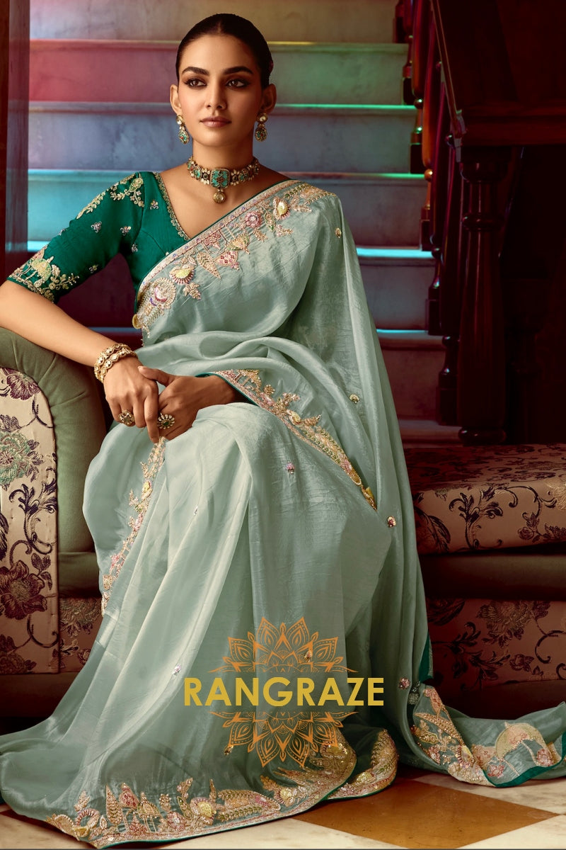 Mystic Mint: Embroidered Organza Silk Saree
