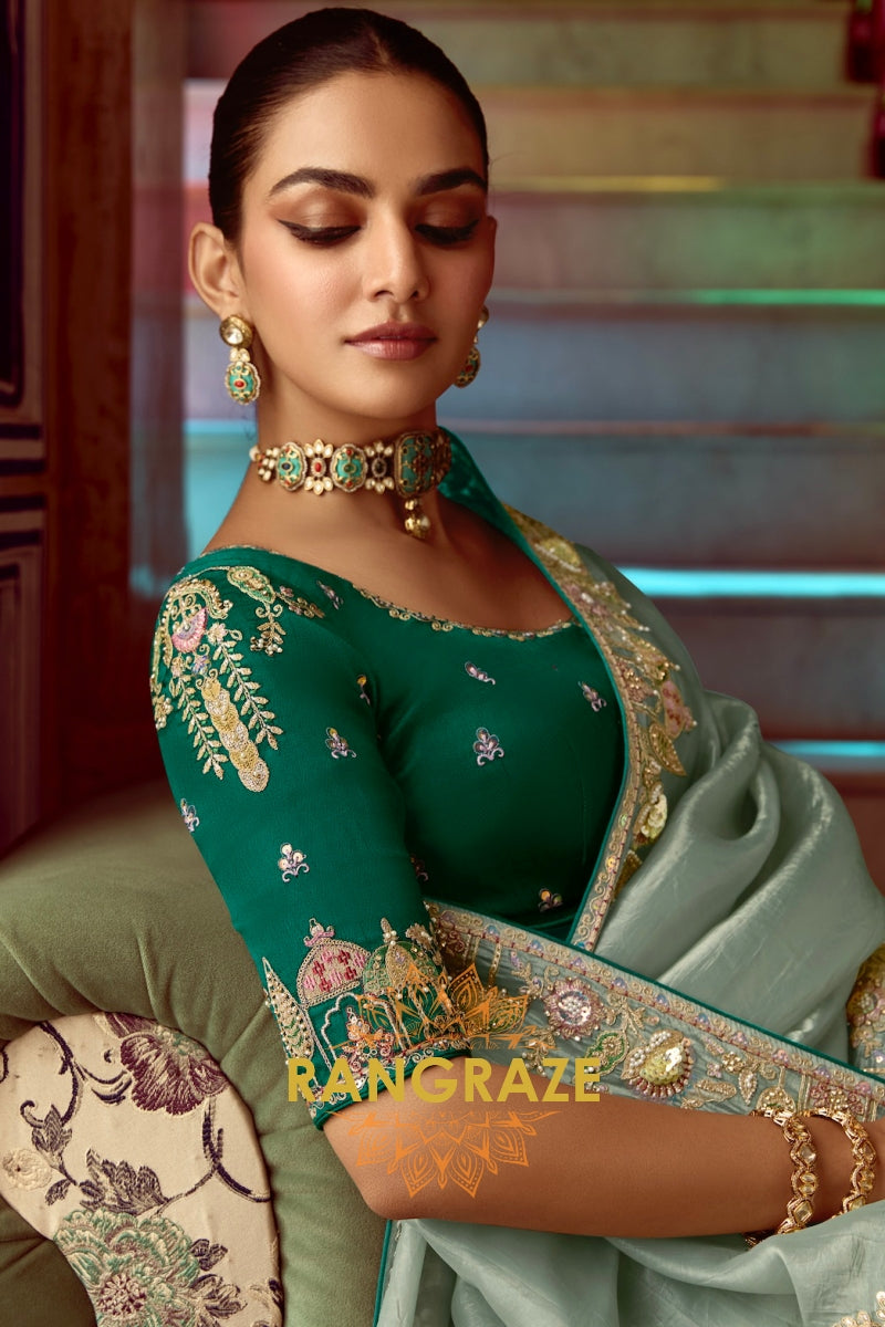 Mystic Mint: Embroidered Organza Silk Saree