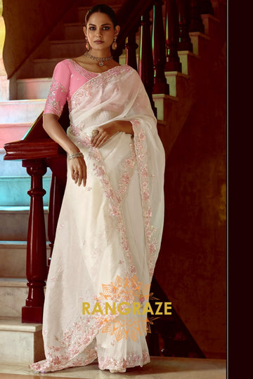 Ivory Elegance: Handcrafted Organza Saree