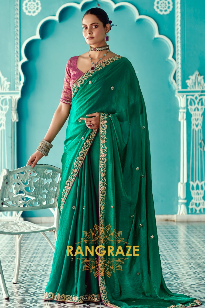 Emerald Opulence: Embroidered Crush Dola Silk Saree