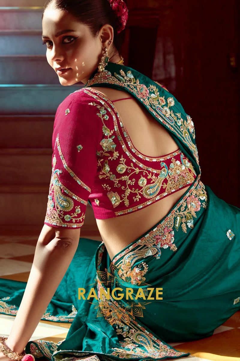 Emerald Majesty: Handcrafted Crush Silk Saree