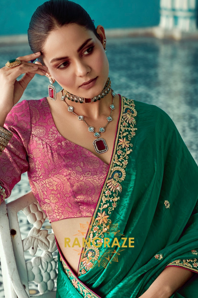 Emerald Opulence: Embroidered Crush Dola Silk Saree