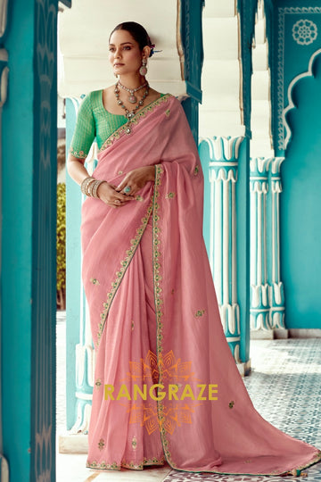 Blush Pink: Handcrafted Crush Organza Saree