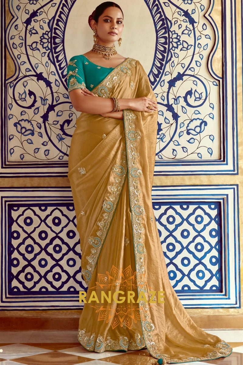 Regal Gold: Handcrafted Crush Organza Saree