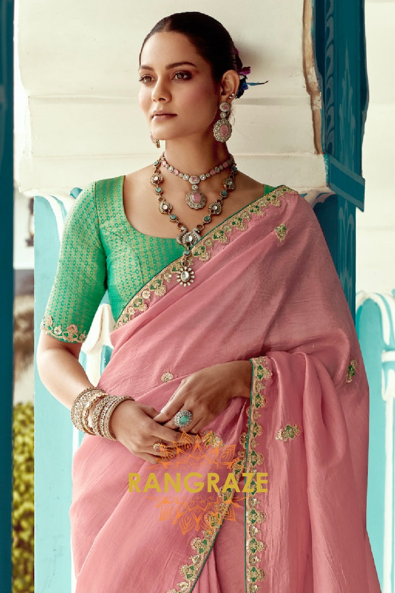 Blush Pink: Handcrafted Crush Organza Saree