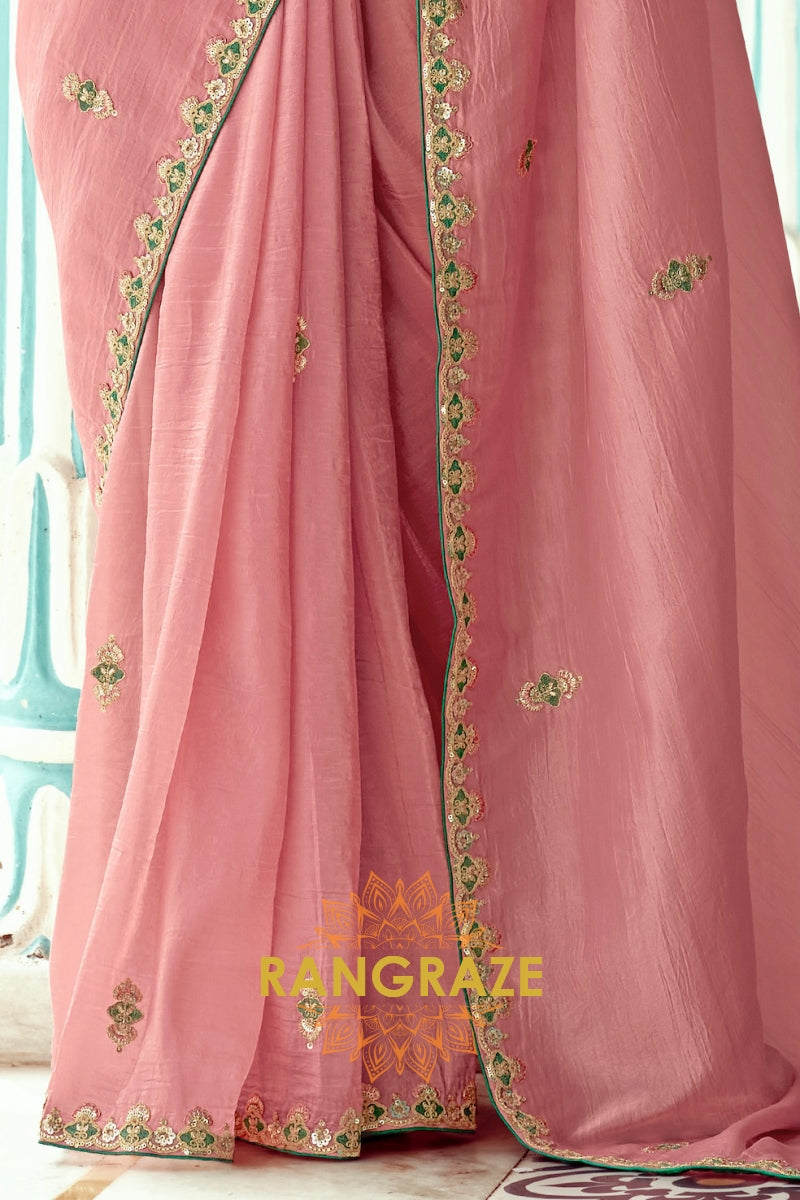 Blush Pink: Handcrafted Crush Organza Saree