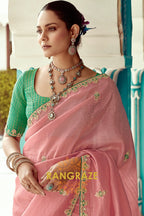 Blush Pink: Handcrafted Crush Organza Saree
