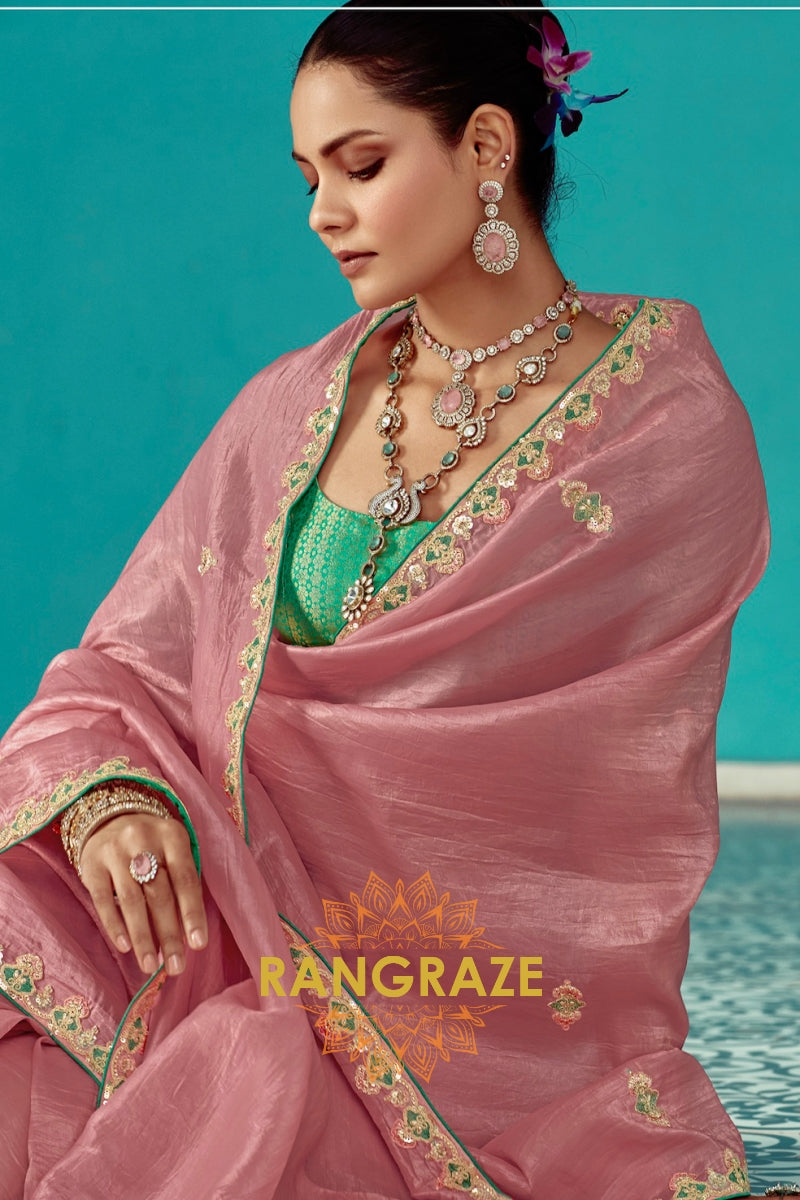 Blush Pink: Handcrafted Crush Organza Saree
