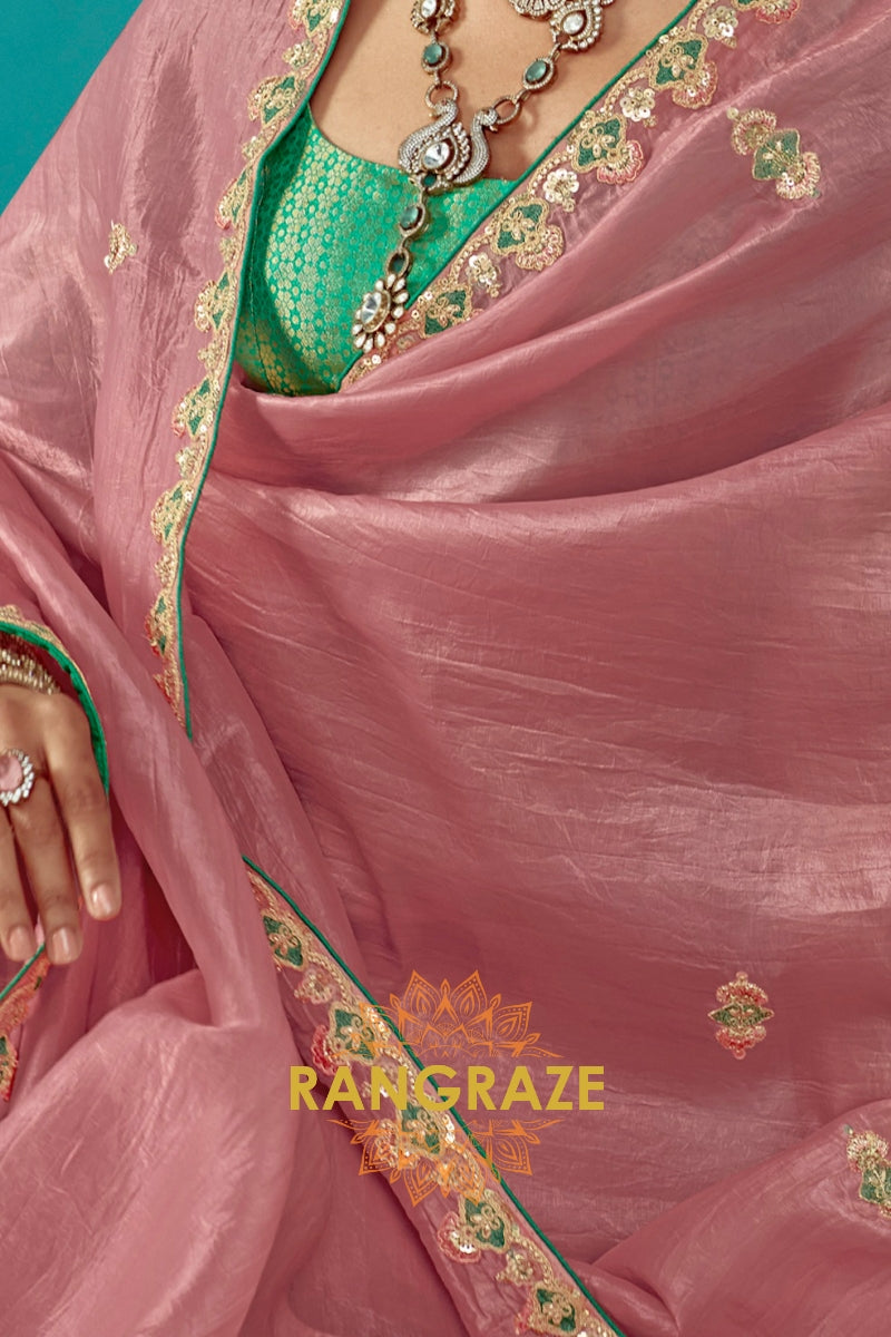Blush Pink: Handcrafted Crush Organza Saree