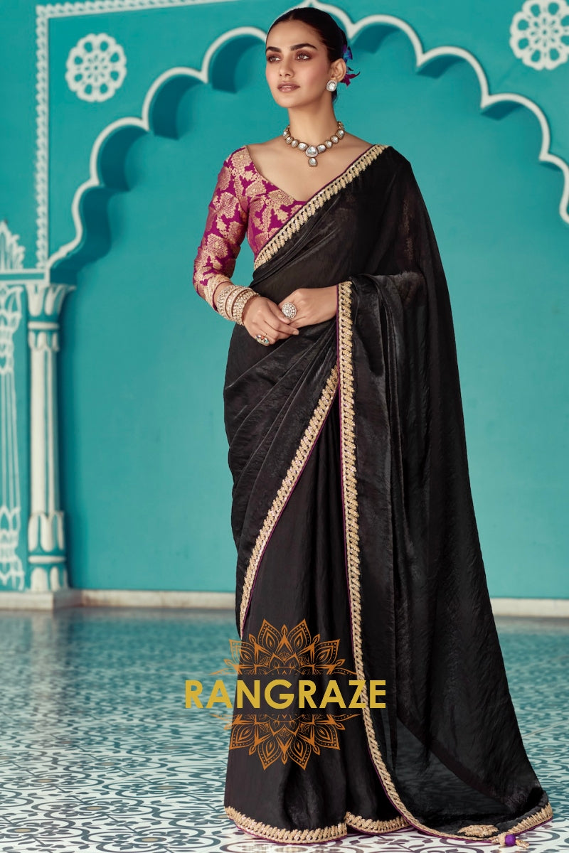 Ethereal Noir: Handcrafted Crush Satin Saree