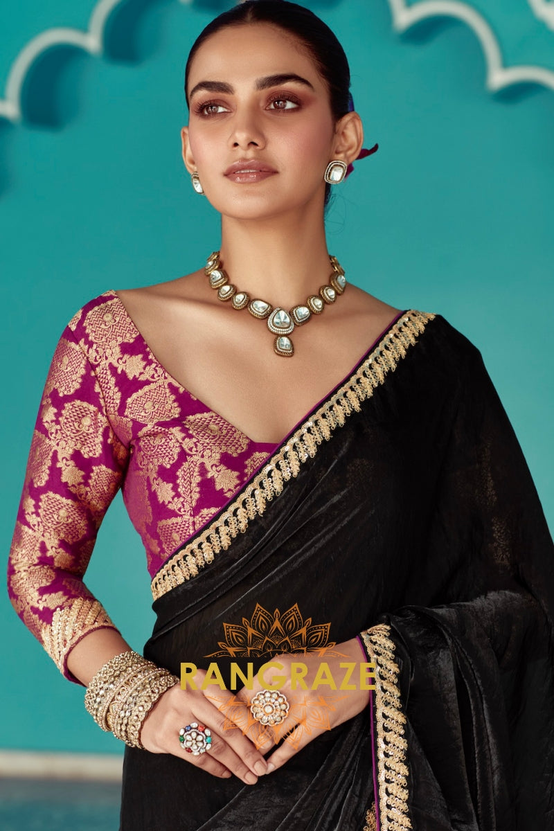 Ethereal Noir: Handcrafted Crush Satin Saree