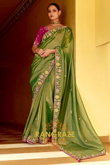 Mehendi Majesty: Handcrafted Crush Organza Saree