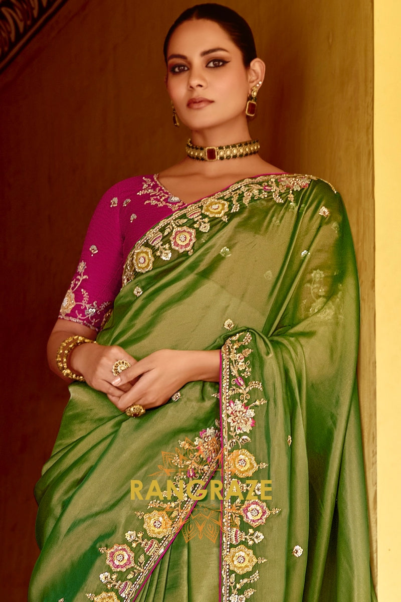 Mehendi Majesty: Handcrafted Crush Organza Saree