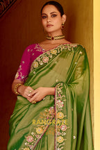 Mehendi Majesty: Handcrafted Crush Organza Saree