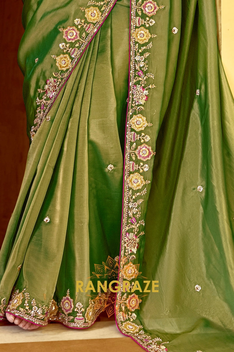 Mehendi Majesty: Handcrafted Crush Organza Saree