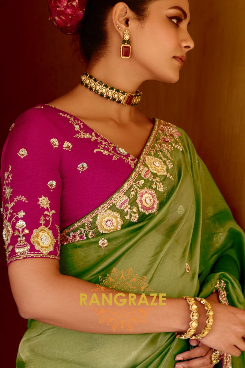 Mehendi Majesty: Handcrafted Crush Organza Saree