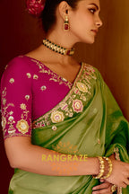 Mehendi Majesty: Handcrafted Crush Organza Saree