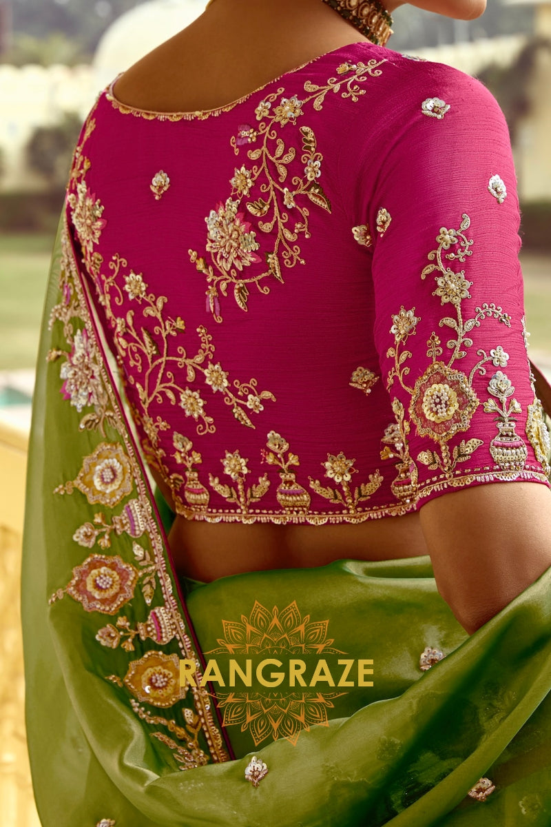 Mehendi Majesty: Handcrafted Crush Organza Saree