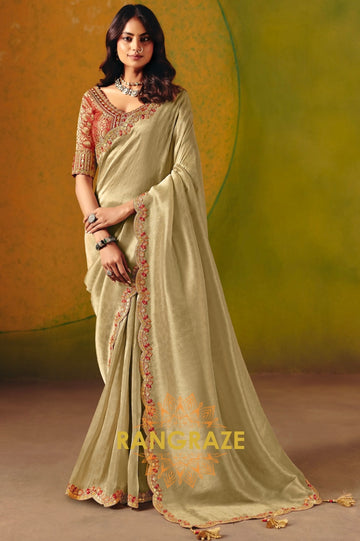Olive Gold Designer Embroidered Soft Silk Saree with Stitched Blouse