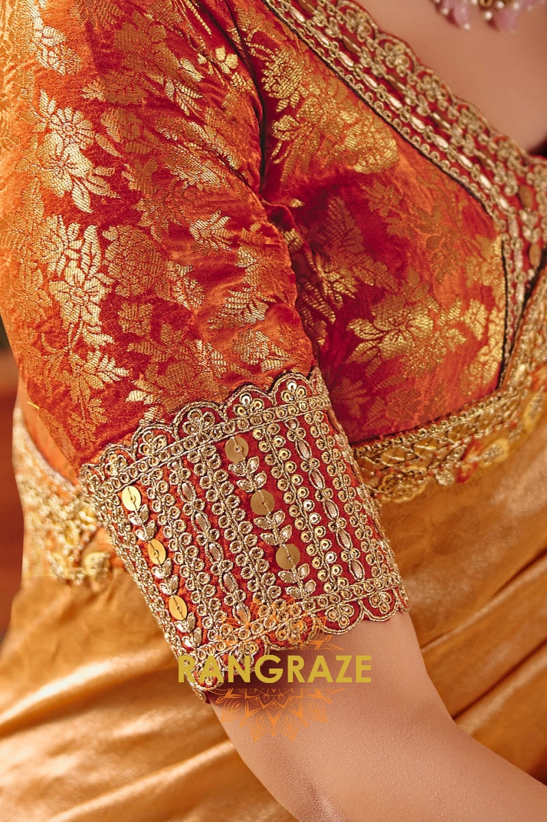 Golden Mustard Designer Embroidered Soft Silk Saree with Stitched Blouse